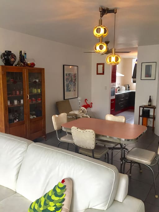 Colourful, fun space with ceiling fan
