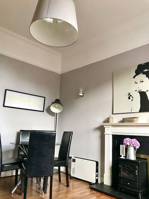 Living/dining area with high ceilings