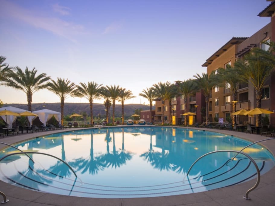 main pool with salt water pool and spa. bbq grills.
