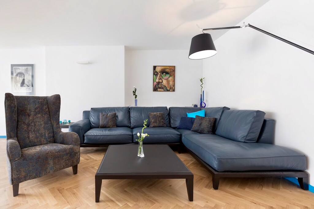 First living room with comfortable leather seating