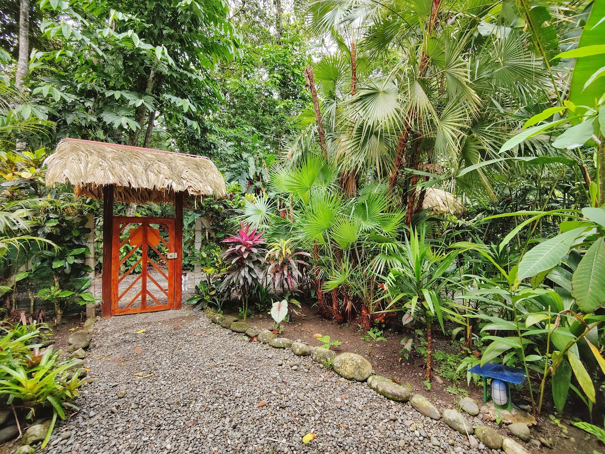 A traditional thatched-roof entrance is framed by lush tropical plants and colorful foliage, leading visitors along a gravel path. The vibrant greens of the surrounding flora create a serene and inviting atmosphere, highlighting the natural beauty of the rainforest.