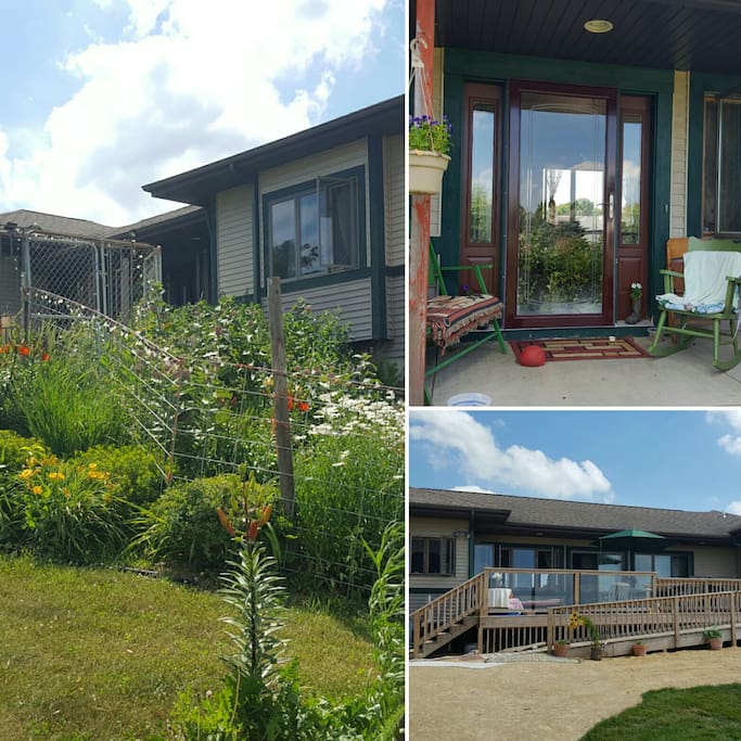 A collection of images of the front walk-up, front porch and back deck.