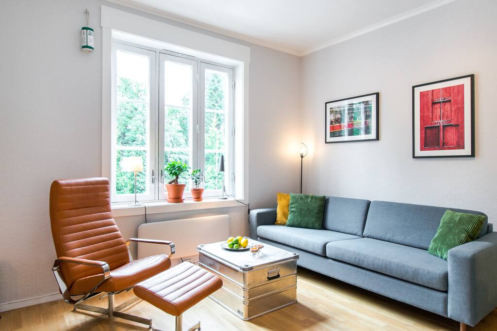 Modern, clean and cozy both winter and summer. A nice fireplace keeps it warm during winter.