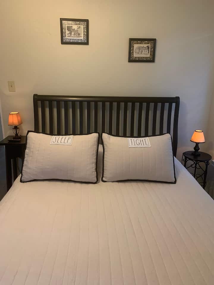 Downstairs bedroom features comfortable queen sleigh bed, chest of drawers, mounted streaming tv, luggage rack and ceiling fan