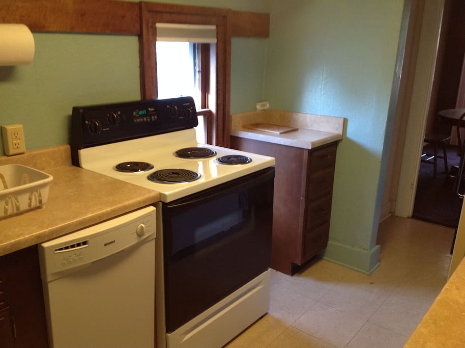 The kitchen stove and dishwasher