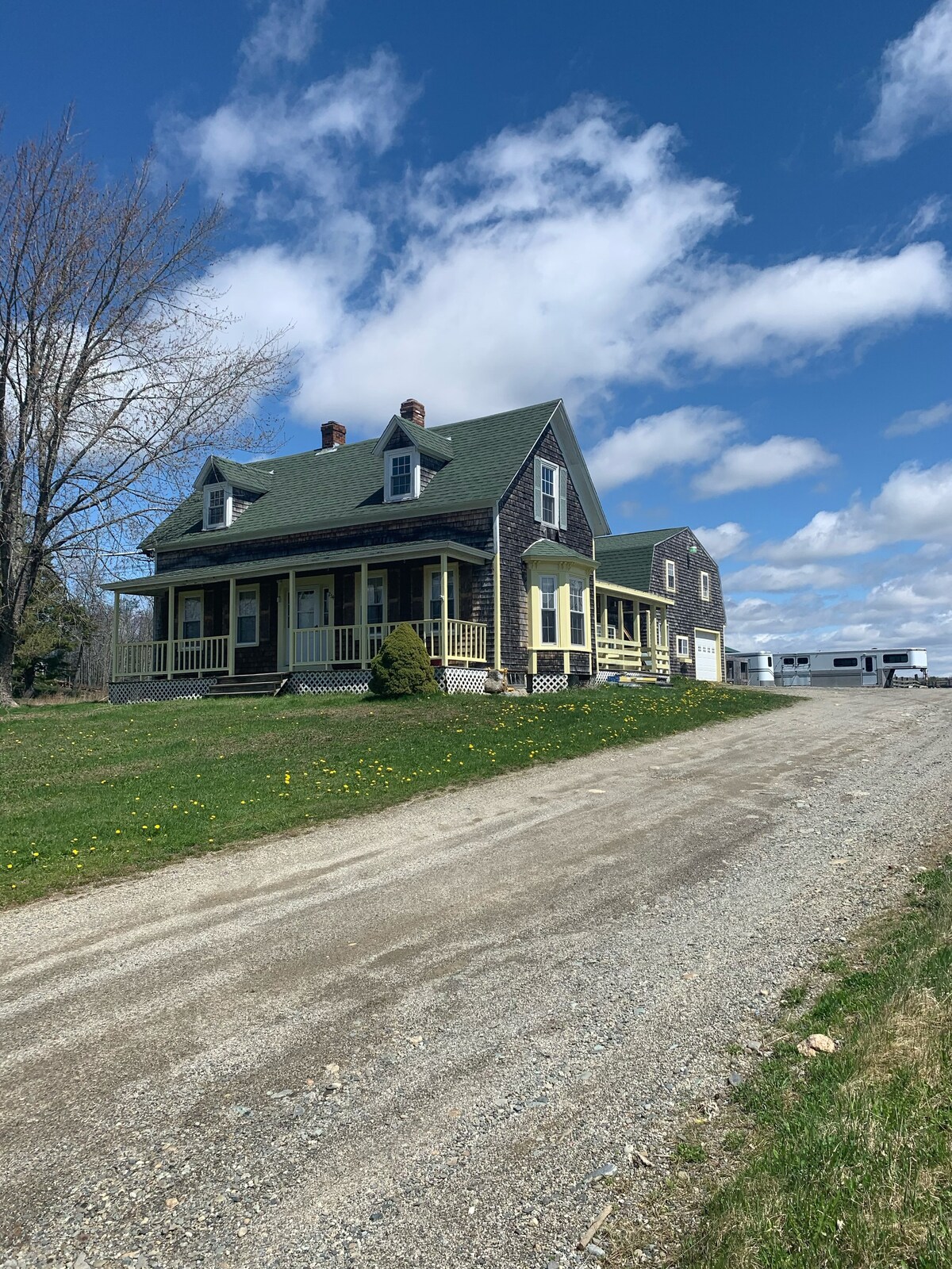 A two-story farmhouse with a green roof and wooden porch is set against a clear blue sky. The gravel driveway leads to a grassy area with scattered dandelions, highlighting the spacious surroundings of the property.