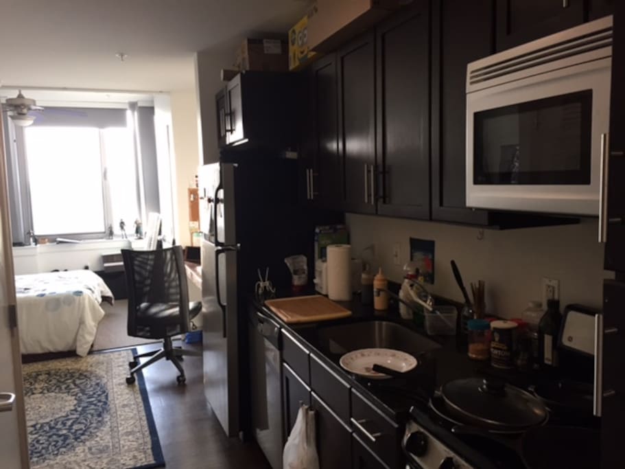 Kitchenette with fridge and microwave (plates, pots, and utensils not included)