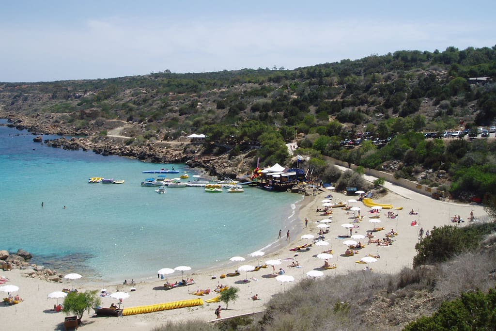 The nearby, wonderful Konnos Bay beach, and its cafe (in the distance).