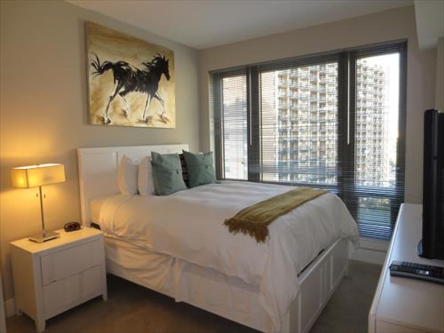 Our bedrooms are furnished with a Queen bed, two night tables, and large walk-in closet.