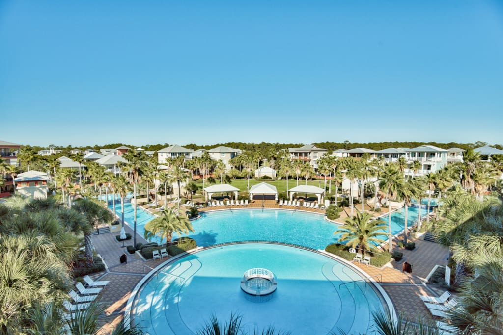 It overlooks the almost overwhelmingly big, condo complex lagoon pool.