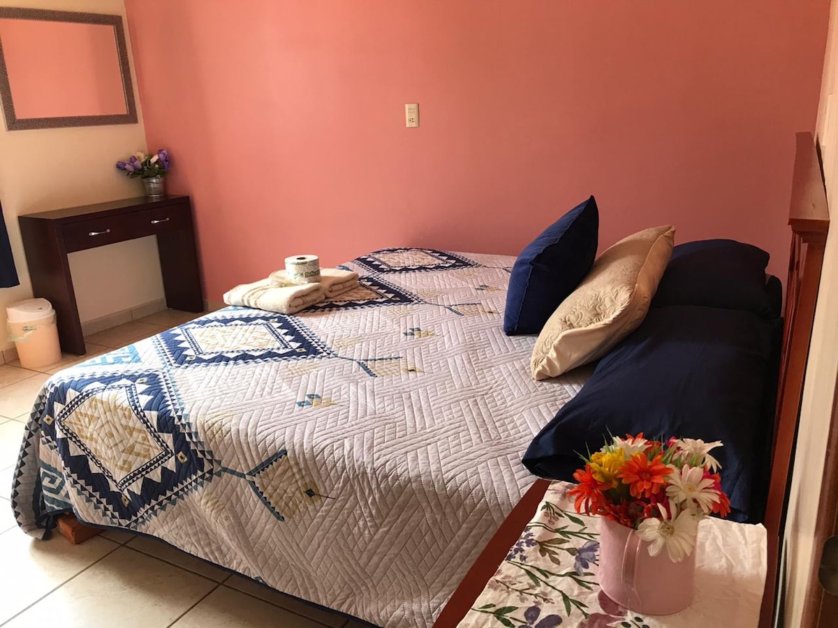 A spacious room features a large bed adorned with a patterned quilt and plush pillows. A small decorative table holds a vase of flowers, adding a touch of color. Soft pink walls complement the inviting atmosphere, and natural light enters through a nearby window.