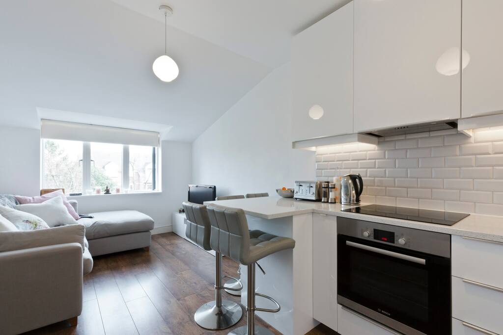 Open plan living room/kitchen with breakfast bar
