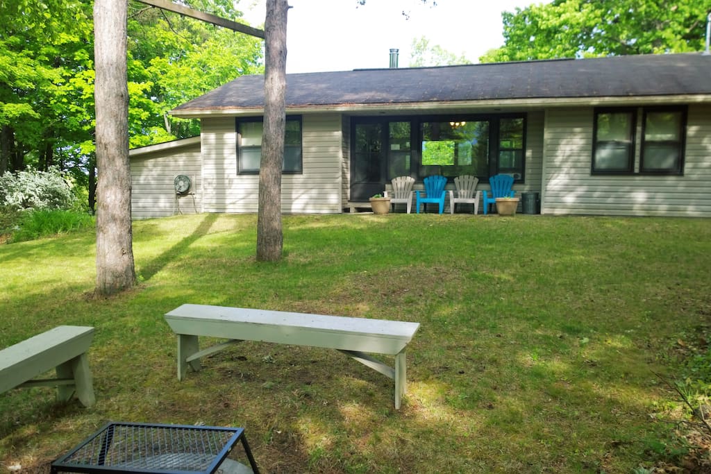 Road-facing side of the cottage - has a firepit