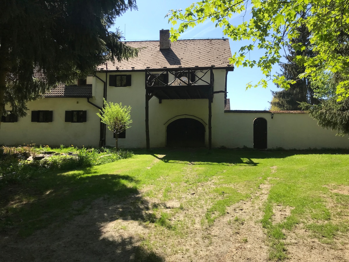 A large outdoor area is shown, featuring a well-kept lawn leading up to a distinctive architectural structure. The building displays wooden accents and multiple windows, framed by trees that provide dappled sunlight.