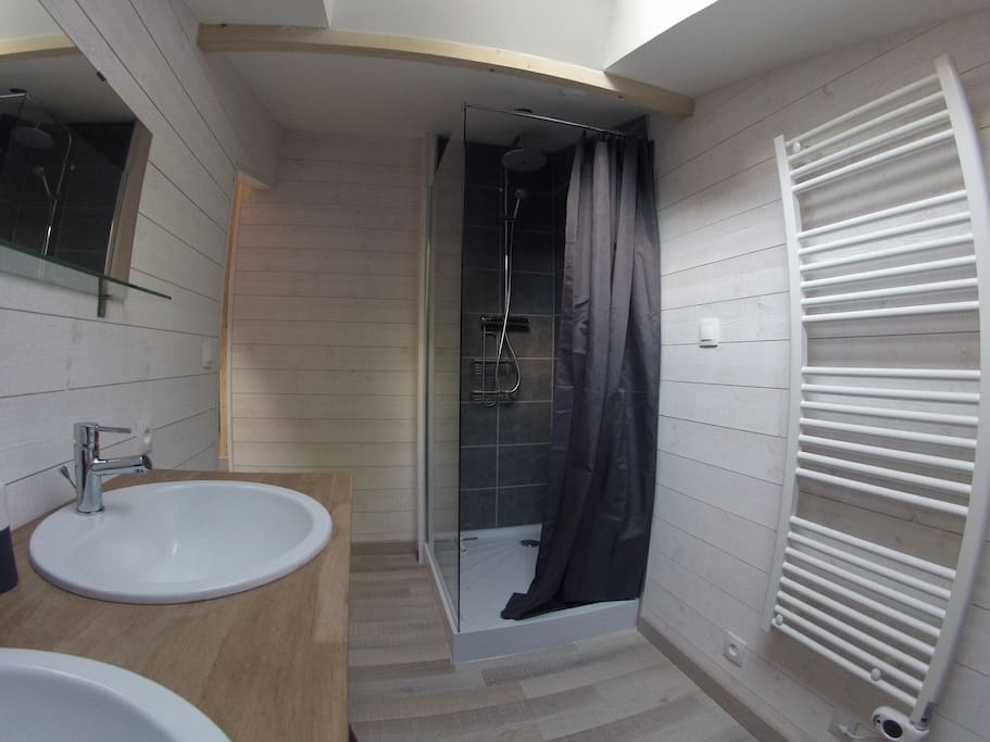 salle de bain avec double vasque
douche avec lumino thérapie