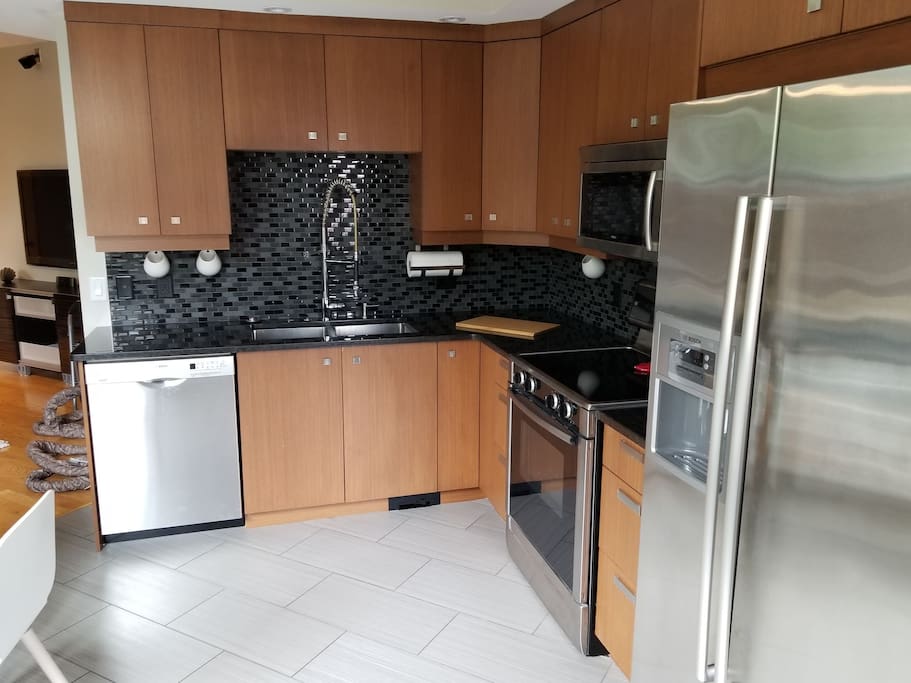 Kitchen with all Bosch Appliances. Fridge is equipped with water and ice dispenser with a five stage reverse osmosis system.