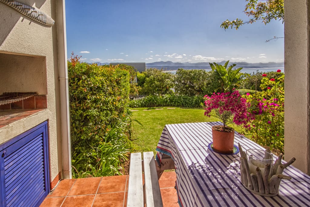 Patio with Braai area, mountain and sea views