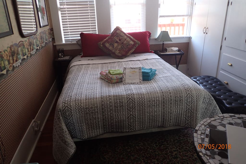 The Heron Room has a Queen sized bed with closet and drawers available