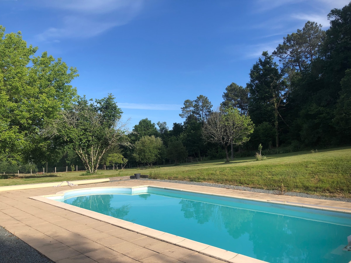 A clear swimming pool rests beside a spacious patio, surrounded by lush greenery and trees. The expansive lawn stretches in the background, providing a serene view under a clear blue sky.