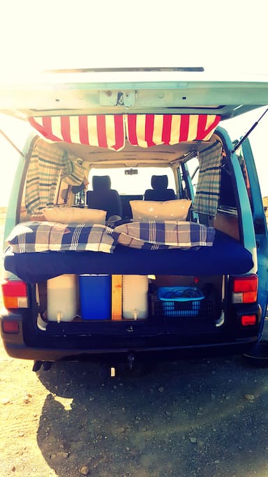 The van is equipped with everything you need...
20 + 20 L water tanks
2 camping chairs
1 camping table
1 indoor table
Cutlery set
Pots and pans
Small breakfast
1 bed sheet
2 blankets
2 pillows
2 towels
