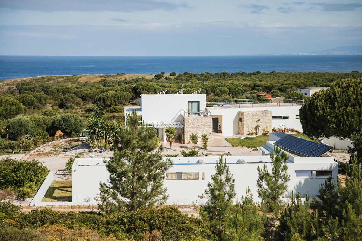 The villa is positioned overlooking the Atlantic Ocean, featuring a modern architectural design with clean lines and a mix of natural elements. Surrounding greenery and landscaped gardens enhance the connection to the natural setting, while the ocean view is visible in the background.