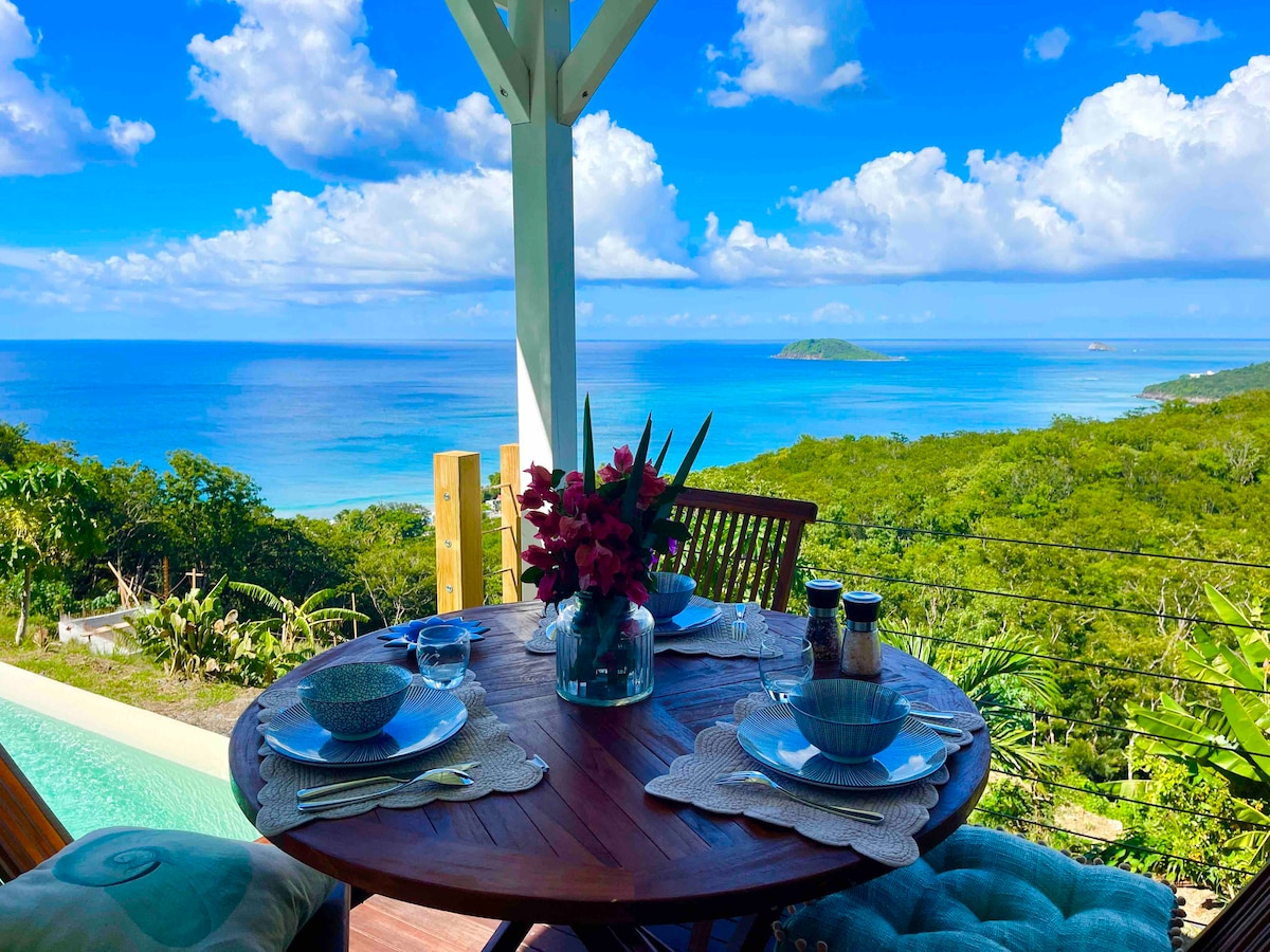 A wooden dining table is set for two against a backdrop of expansive ocean views. The table is adorned with elegant dishware and a floral centerpiece. Lush greenery surrounds the area, and a glimpse of the private infinity pool can be seen in the distance.