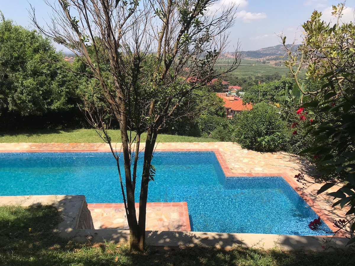 A saltwater swimming pool is surrounded by lush greenery, with trees and flowering plants framing the area. The clear blue water reflects the sky, inviting relaxation. Stone pathways lead to the pool from the garden, which provides a serene atmosphere for leisure.
