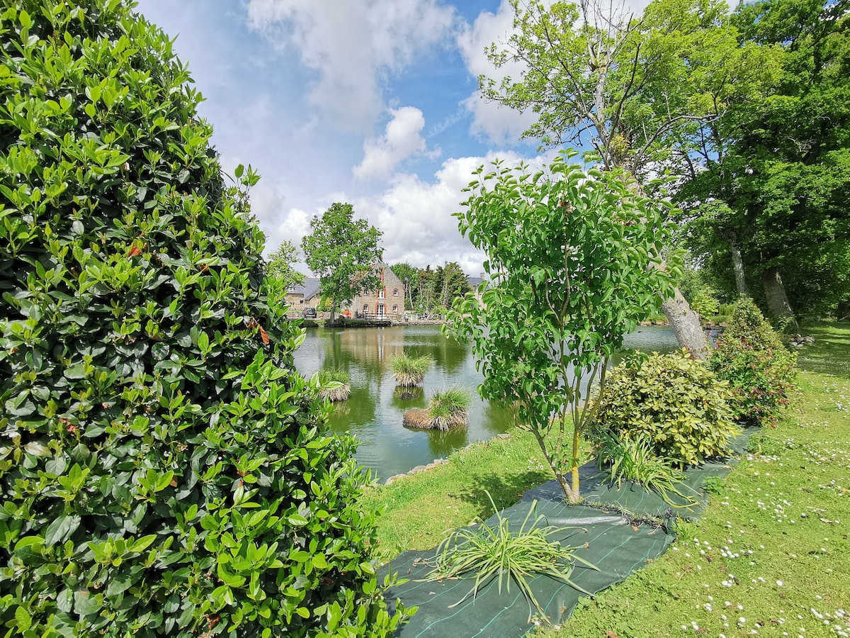 The image captures a serene pond surrounded by lush greenery and trees, with a small house visible in the background. Varied shrubs and plants frame the scene, reflecting a peaceful natural setting under a partly cloudy sky.