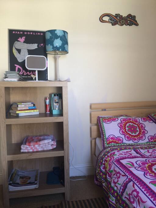 Books, guides, toiletries, towels and bed.