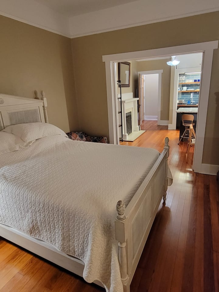 Este apartamento es el antiguo "salón doble" para el lateral derecho de nuestra casa de doble escopeta. Hay una puerta de madera de ciprés macizo que conecta el departamento con el lado del propietario. Está bloqueado con cerrojos a ambos lados. 