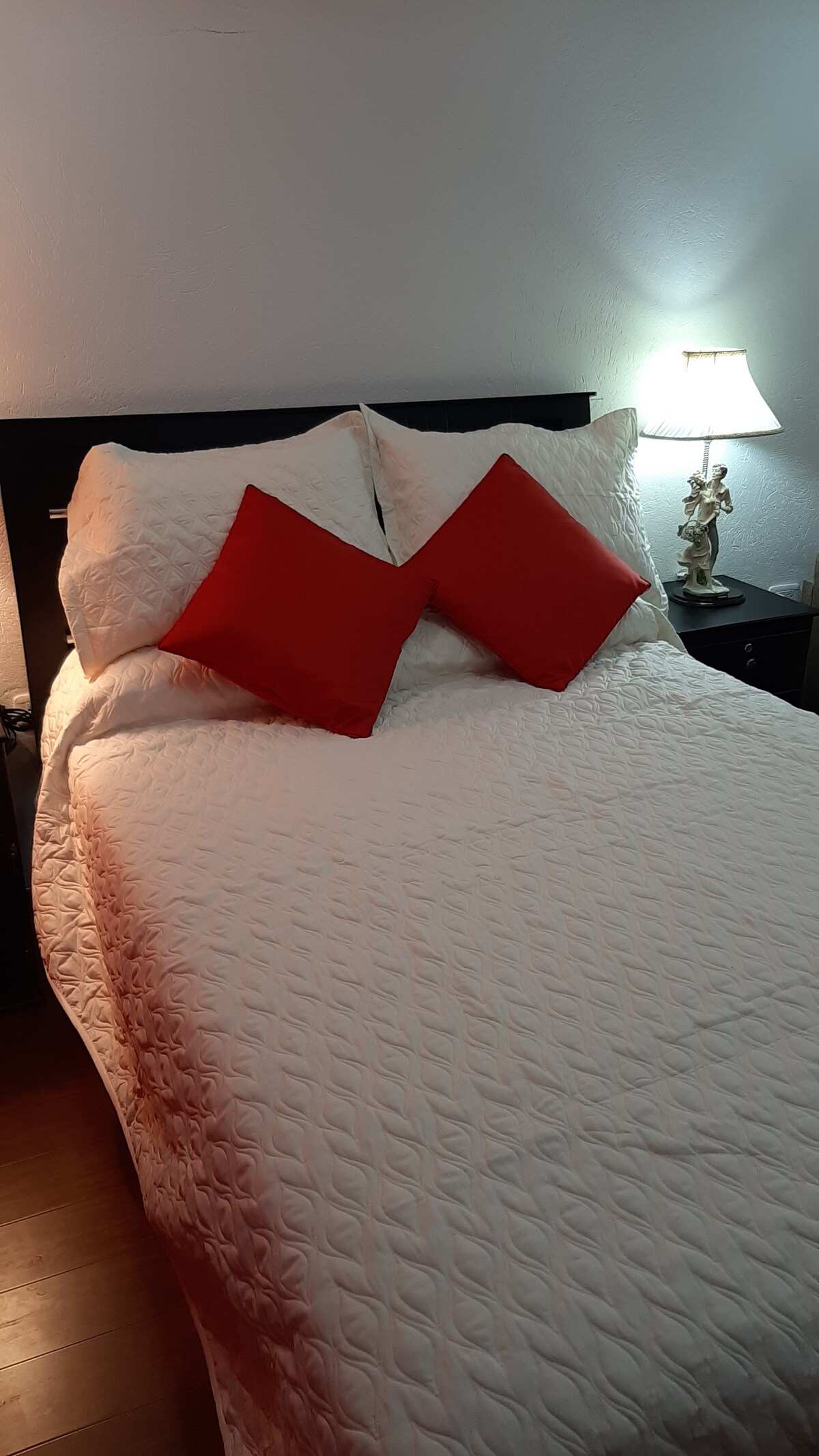 A neatly arranged sleeping area features a spacious bed with a light quilt and decorative red pillows. A bedside table is positioned next to the bed, completing the setup. Soft lighting is provided by a lamp, creating a cozy ambiance in the room.
