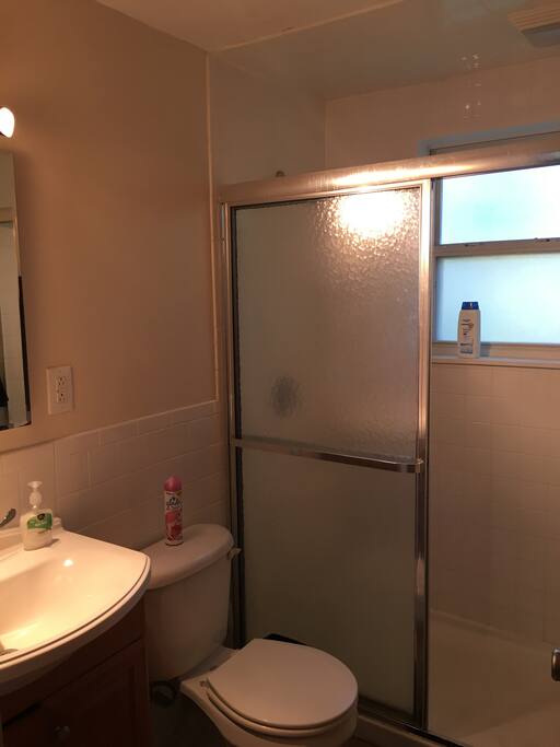 The bathroom with a stand up shower