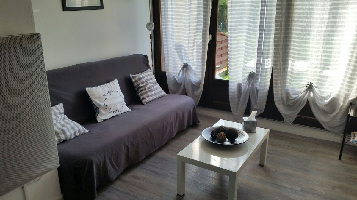 Გასაშლელი დივანი, რომელიც ბაღს გადაჰყურებს