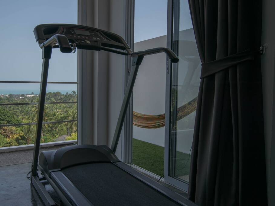 a treadmill on the second floor