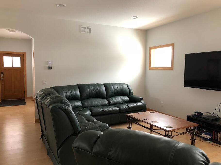 living room, this couch also pulls out to be a bed.
