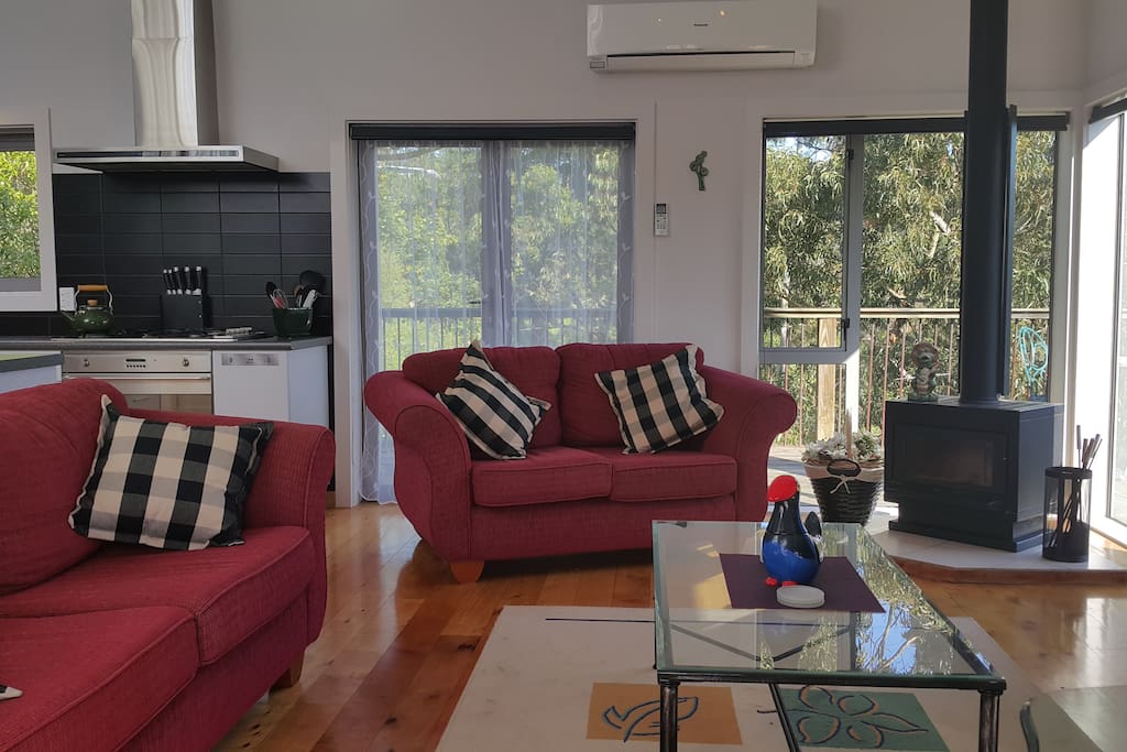 Living area, two patio doors to deck