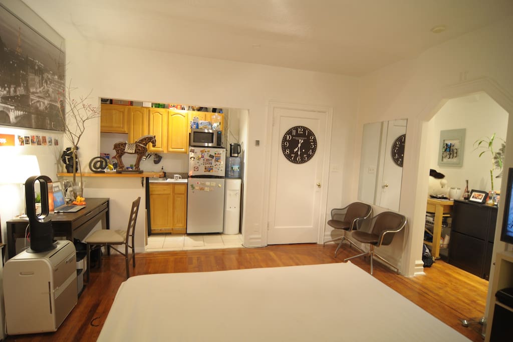 Petite kitchen counter space and good working desk with free wifi internet connection.