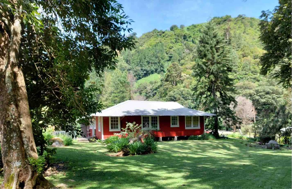 A cozy red house is set against a backdrop of lush greenery and rolling hills. The surrounding lawn is well-kept, featuring various plants and trees that enhance the peaceful atmosphere. Clear skies and distant mountains contribute to the scenic landscape.