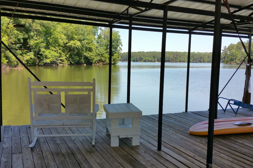 Double rocking chair and table on dock