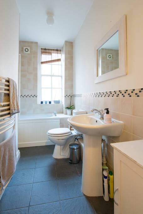 Modern, clean bathroom with shower over bath.