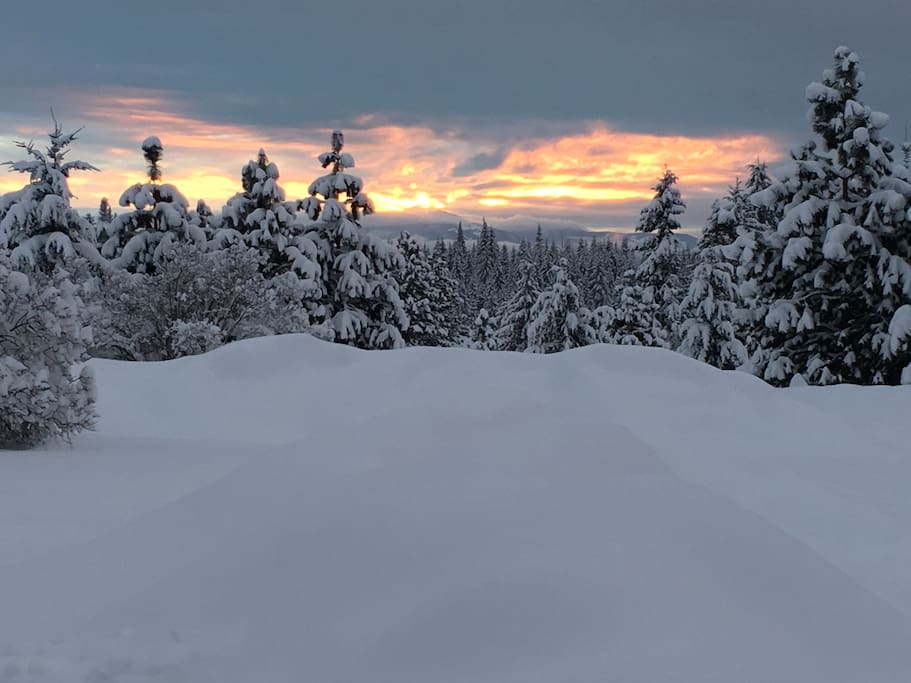 Winter sunset from in front of the shop and studio apartment!