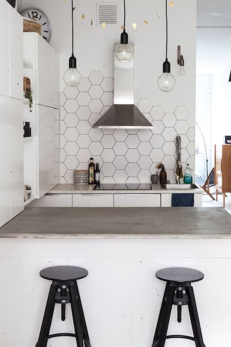 You can also enjoy your meal by the kitchen table. DIY concrete table.