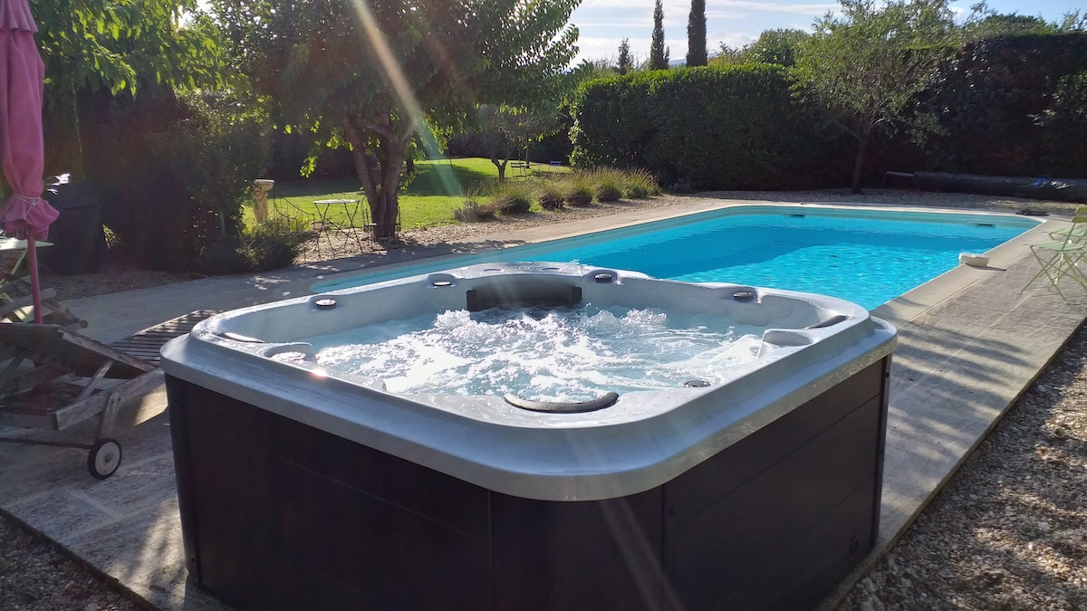 A private spa and pool area is visible, featuring a modern hot tub beside a clear blue swimming pool. Lush greenery surrounds the space, providing a serene environment. Sunlight reflects off the water, creating a calming atmosphere.