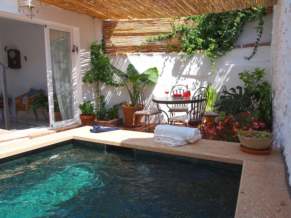 A tranquil stone-walled patio features a chic marble splash pool, surrounded by a variety of lush plants and vibrant flowers. A small dining table set for two is positioned nearby, complemented by comfortable seating and soft towels neatly arranged on the pool edge.