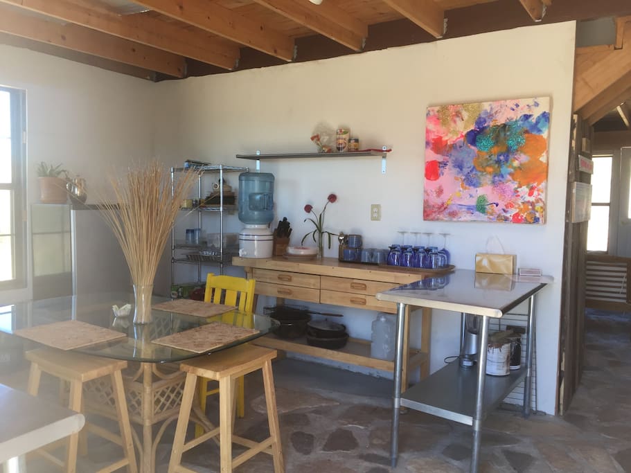 We provide drinking water, small fridge, utensils, paper towels, dish soap, hand soap, pots and pans.