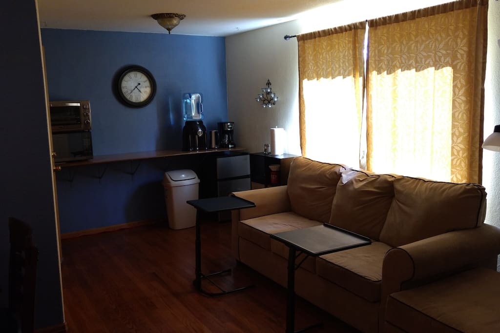 Living area and kitchenette bar