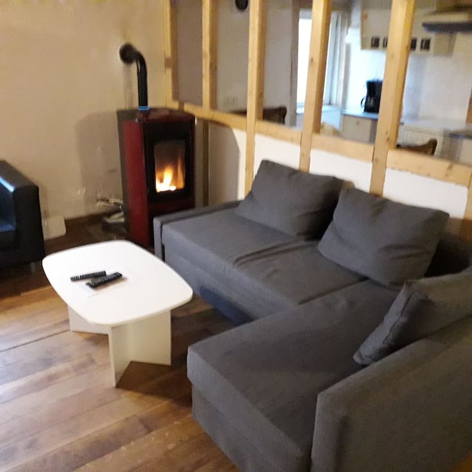 Schlafsofa für 2 Personen mit Pelletheizung im Wohnzimmer