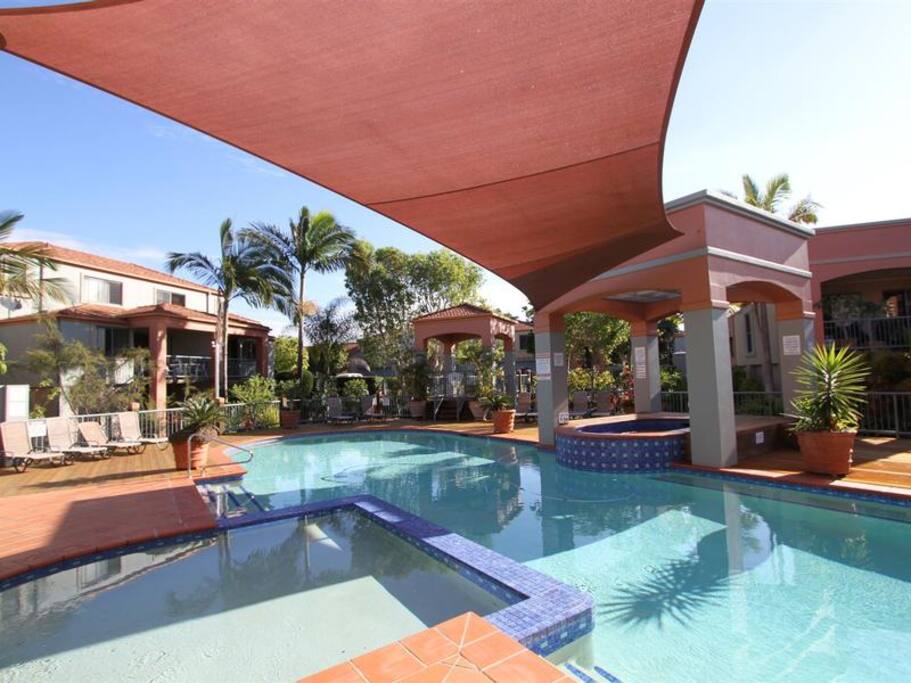 Pool area with spa, baby pool , gym