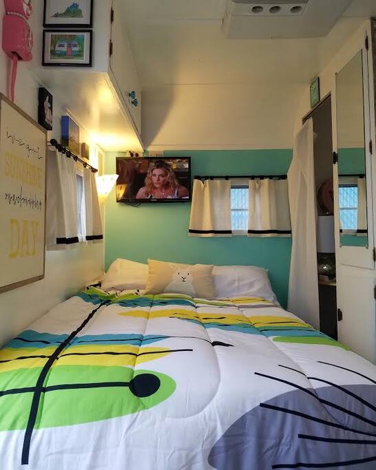 Full size bed , comes with DVD player and cable connects.
