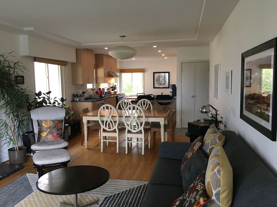 Large, bright, open-concept living room and kitchen, newly renovated.